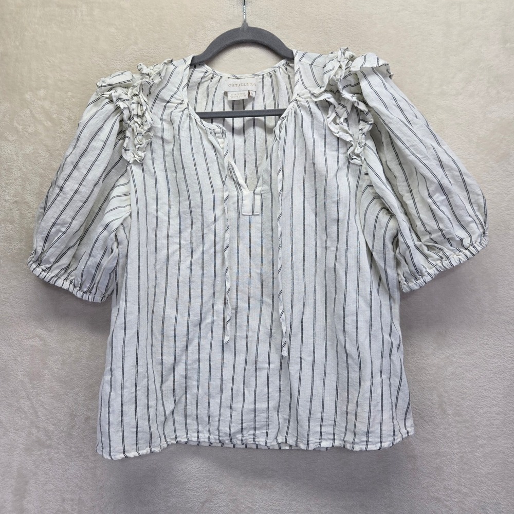 Caballero Women Linen Blend Striped Ruffle Puff Sleeve Blouse White Black Medium